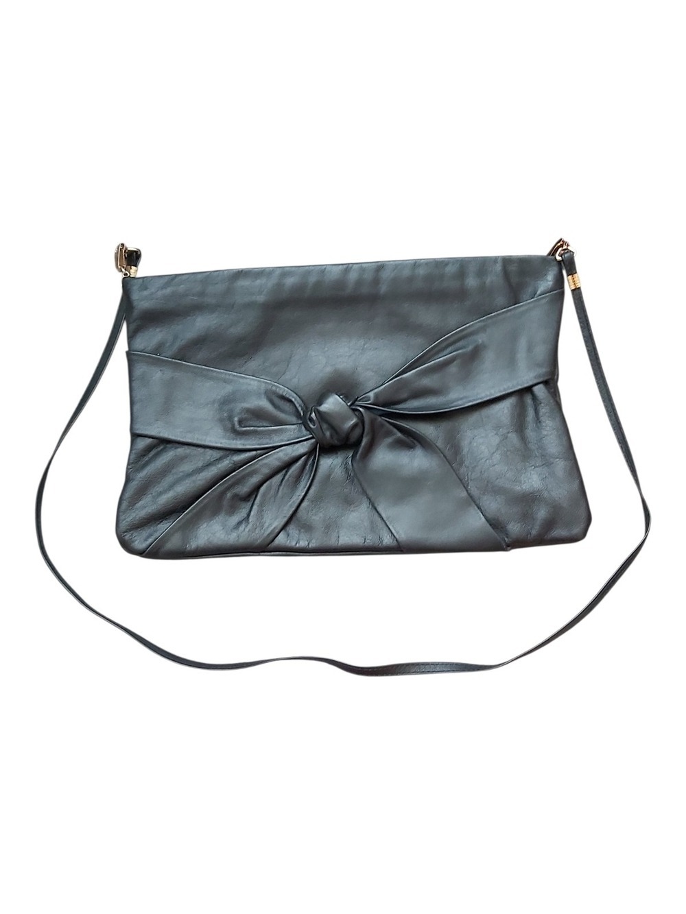 Vintage Karnig Mann Black Leather Bow Crossbody Bag - Made in Canada - 19" Strap